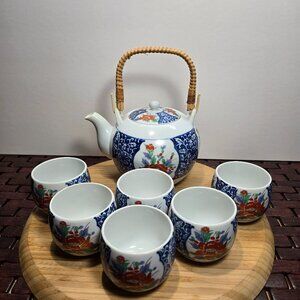 Vintage OMC Imari Bamboo Handle Japanese Porcelain Tea Pot with Lid & 6 Cup Set